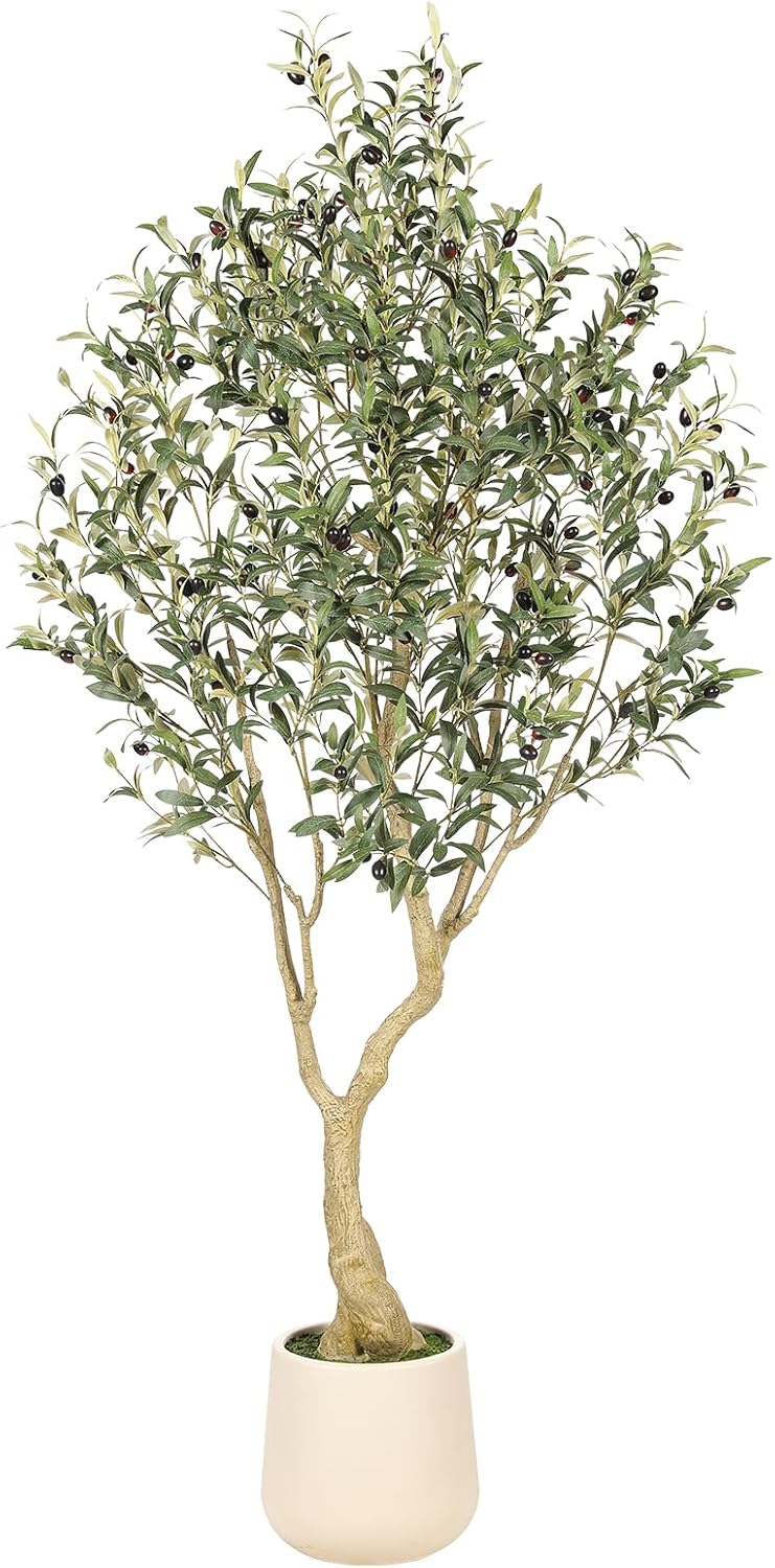 6ft Artificial Olive Tree with Tall Exquisite Planter | Realistic Faux Olive Tree with Thick Trunk and Lifelike Leaves - Large Fake Olive Tree for Home Living Room Office Decor