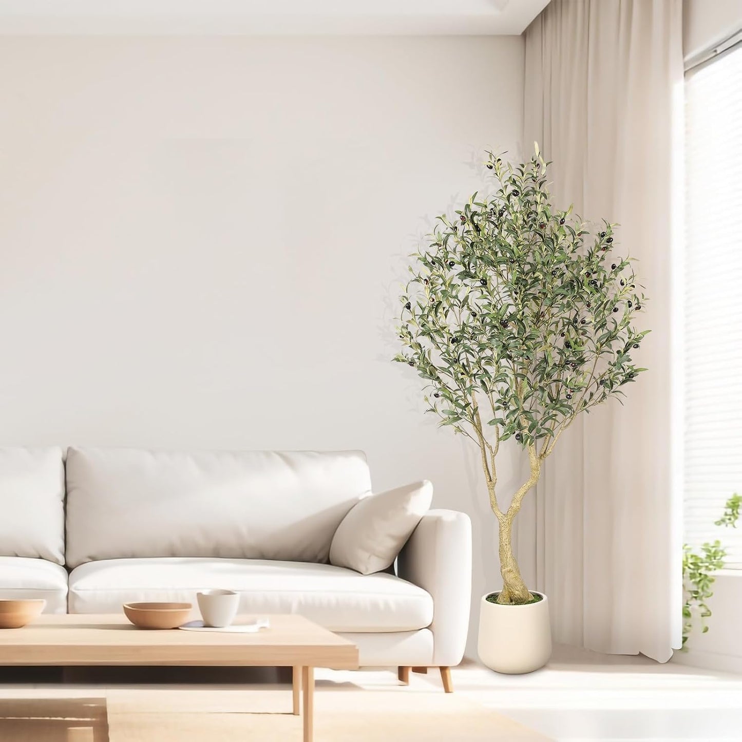 6ft Artificial Olive Tree with Tall Exquisite Planter | Realistic Faux Olive Tree with Thick Trunk and Lifelike Leaves - Large Fake Olive Tree for Home Living Room Office Decor