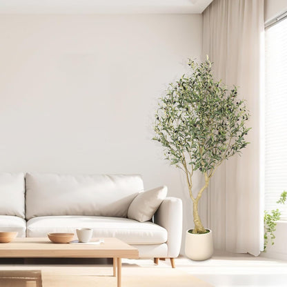 6ft Artificial Olive Tree with Tall Exquisite Planter | Realistic Faux Olive Tree with Thick Trunk and Lifelike Leaves - Large Fake Olive Tree for Home Living Room Office Decor