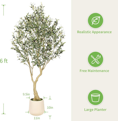 6ft Artificial Olive Tree with Tall Exquisite Planter | Realistic Faux Olive Tree with Thick Trunk and Lifelike Leaves - Large Fake Olive Tree for Home Living Room Office Decor