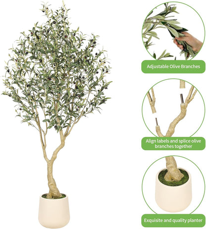 6ft Artificial Olive Tree with Tall Exquisite Planter | Realistic Faux Olive Tree with Thick Trunk and Lifelike Leaves - Large Fake Olive Tree for Home Living Room Office Decor