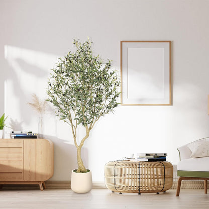 6ft Artificial Olive Tree with Tall Exquisite Planter | Realistic Faux Olive Tree with Thick Trunk and Lifelike Leaves - Large Fake Olive Tree for Home Living Room Office Decor