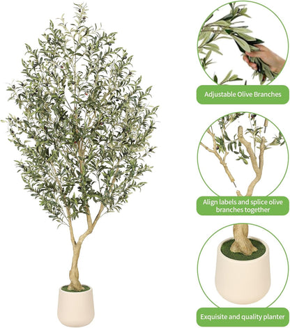 6ft Artificial Olive Tree with Tall Exquisite Planter | Realistic Faux Olive Tree with Thick Trunk and Lifelike Leaves - Large Fake Olive Tree for Home Living Room Office Decor