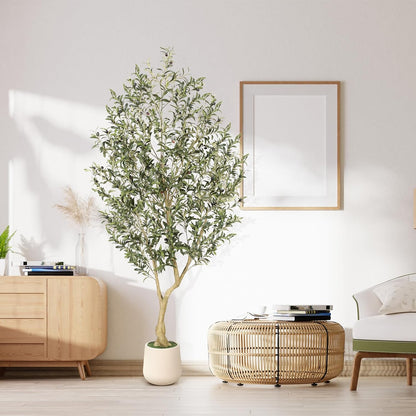 6ft Artificial Olive Tree with Tall Exquisite Planter | Realistic Faux Olive Tree with Thick Trunk and Lifelike Leaves - Large Fake Olive Tree for Home Living Room Office Decor
