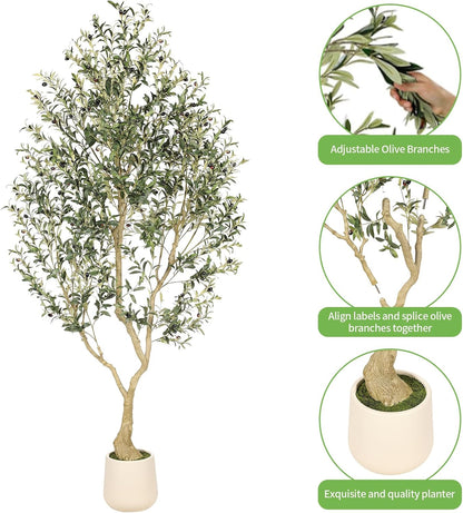 6ft Artificial Olive Tree with Tall Exquisite Planter | Realistic Faux Olive Tree with Thick Trunk and Lifelike Leaves - Large Fake Olive Tree for Home Living Room Office Decor