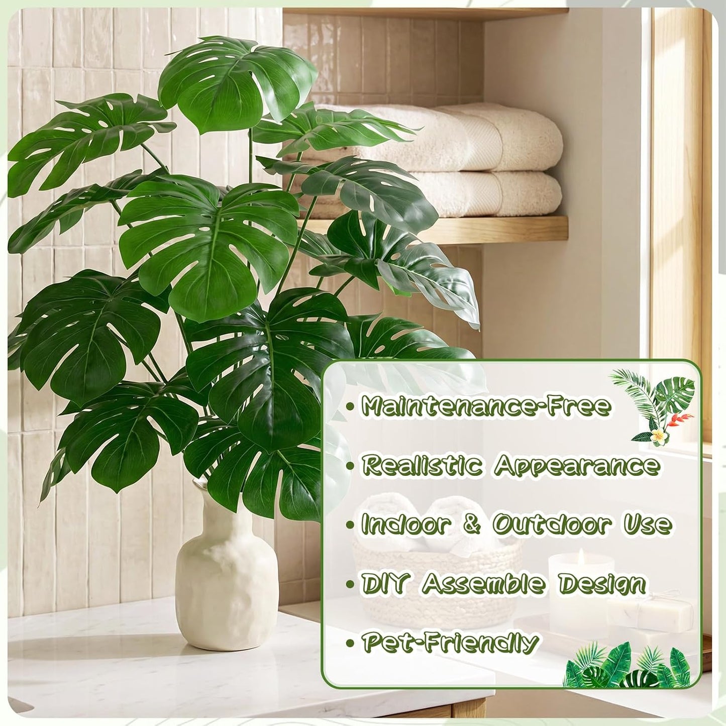 25 inch Artificial Monstera Plant No Pot, Green | Artificial Plam Tree Tropical Turtle Leaves, DIY Easy Assembly, Plastic and Wire Stems, Silk Leaf