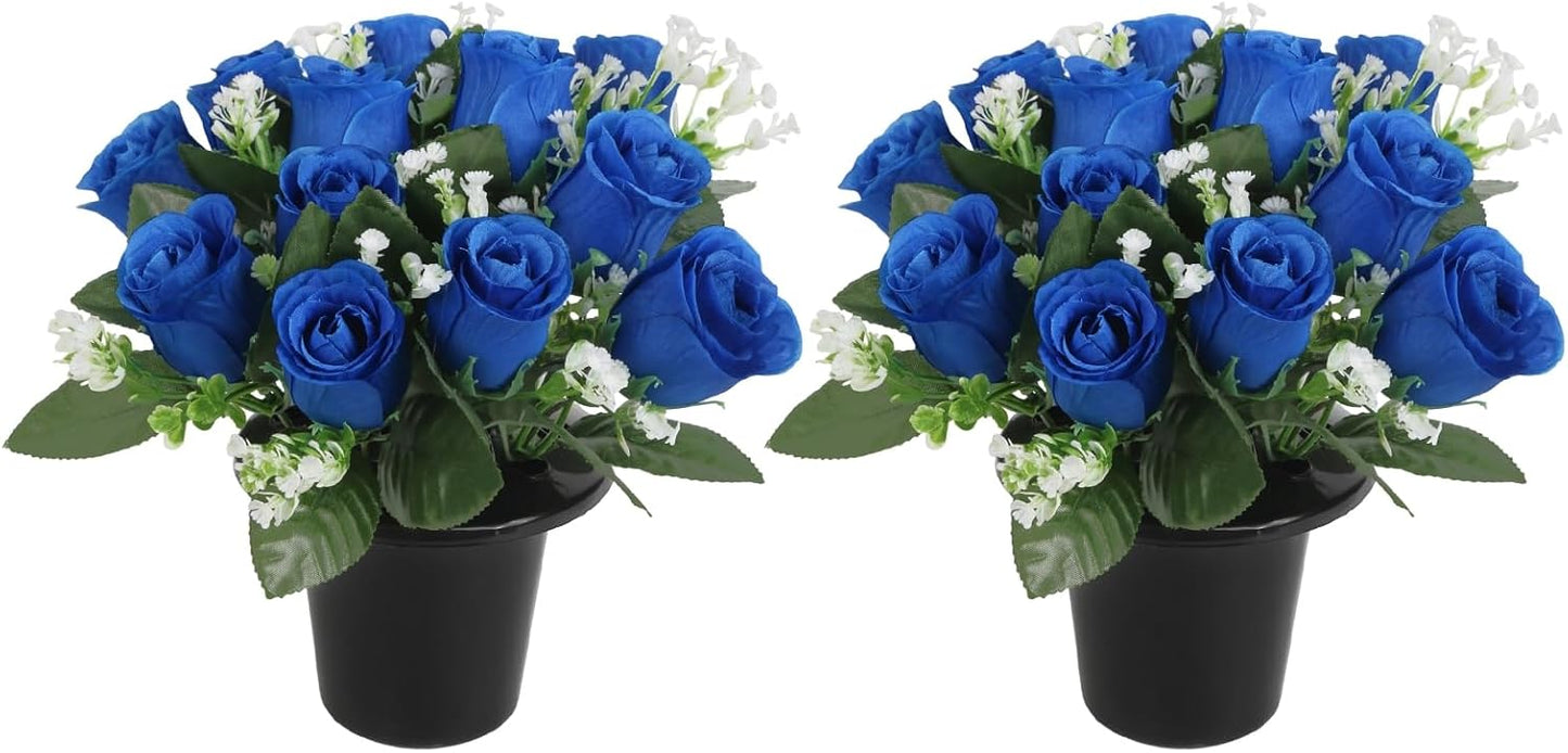 2 Sets Small Artificial Flowers in Pots for Cemetery Home Centerpiece Arrangement Outdoor Decoration, Portable 9.8" Silk Blue Roses Baby's Breath Flowers with Pot(Blue)