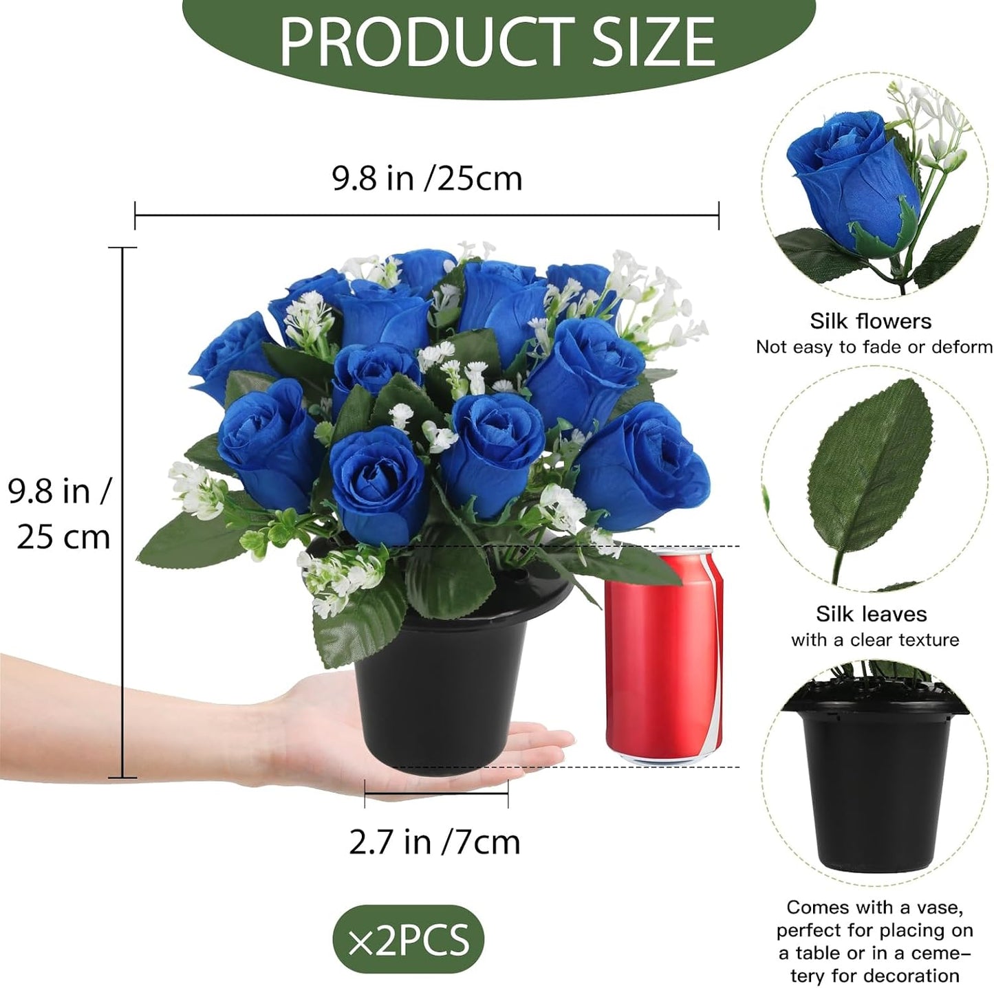 2 Sets Small Artificial Flowers in Pots for Cemetery Home Centerpiece Arrangement Outdoor Decoration, Portable 9.8" Silk Blue Roses Baby's Breath Flowers with Pot(Blue)