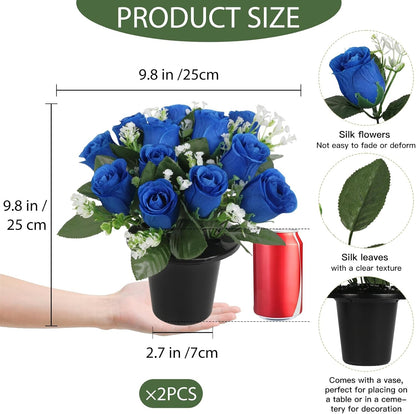 2 Sets Small Artificial Flowers in Pots for Cemetery Home Centerpiece Arrangement Outdoor Decoration, Portable 9.8" Silk Blue Roses Baby's Breath Flowers with Pot(Blue)