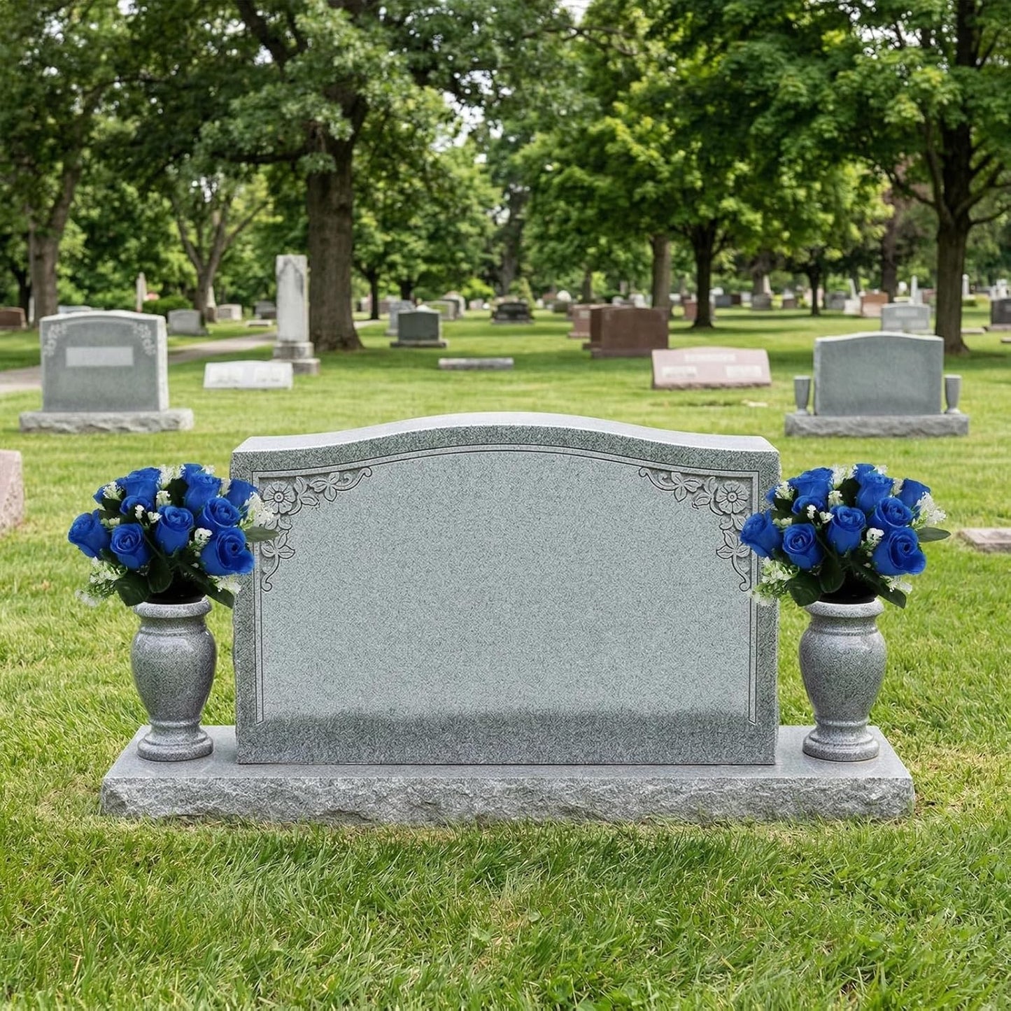 2 Sets Small Artificial Flowers in Pots for Cemetery Home Centerpiece Arrangement Outdoor Decoration, Portable 9.8" Silk Blue Roses Baby's Breath Flowers with Pot(Blue)