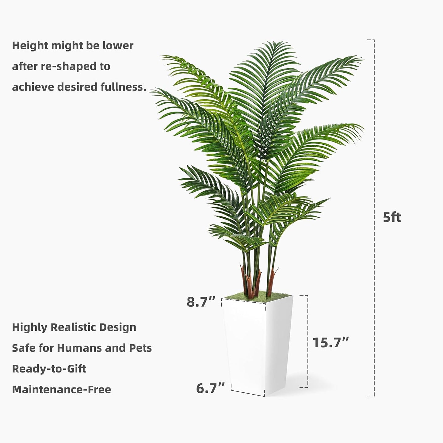 Artificial Plant 5FT Fake Palm Tree with White Tall Planter | Faux Tropical Areca Floor Plant in Pot, Artificial Silk Trees for Home Office Living Room Decor Indoor