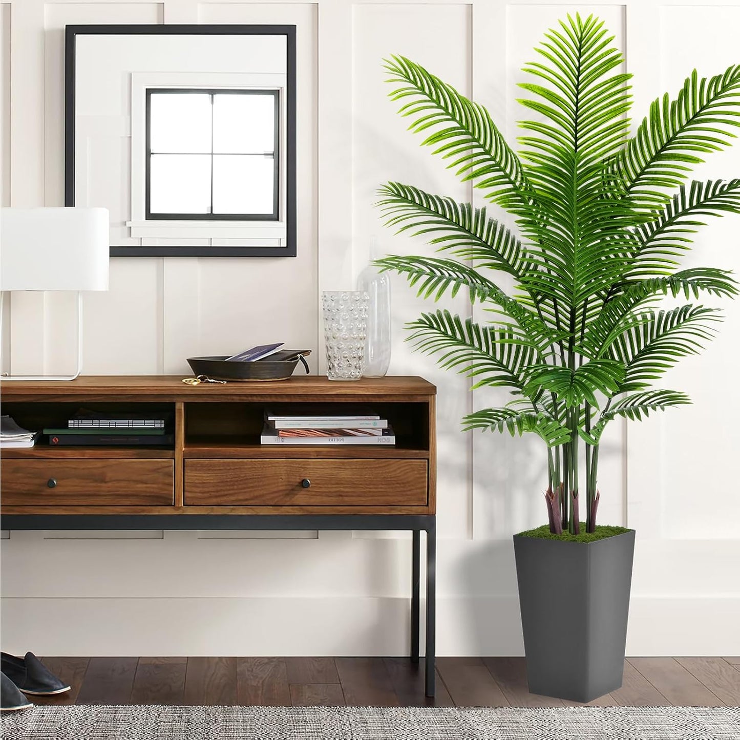 Artificial Plant 5FT Fake Palm Tree with White Tall Planter | Faux Tropical Areca Floor Plant in Pot, Artificial Silk Trees for Home Office Living Room Decor Indoor