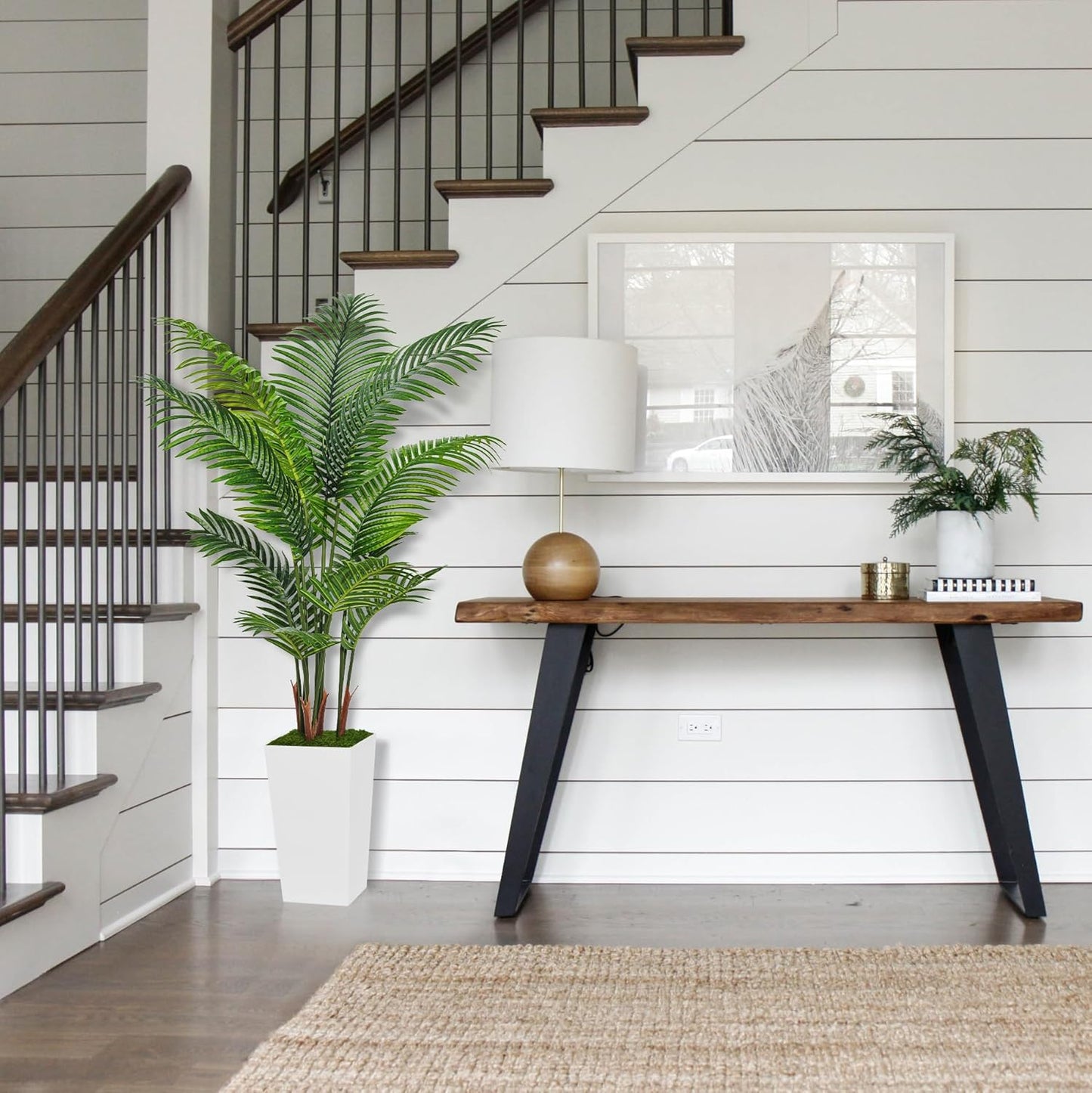 Artificial Plant 5FT Fake Palm Tree with White Tall Planter | Faux Tropical Areca Floor Plant in Pot, Artificial Silk Trees for Home Office Living Room Decor Indoor