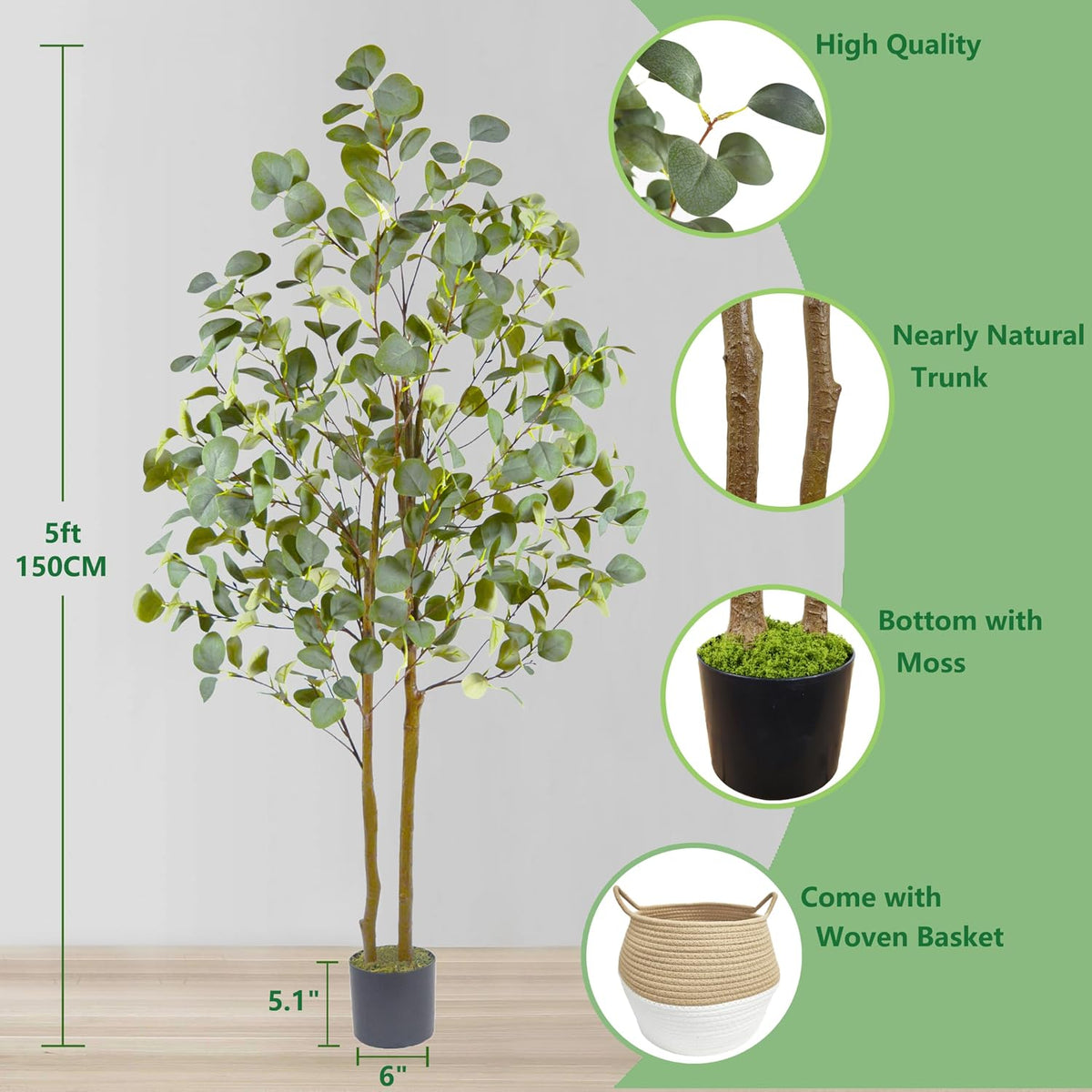 Fake Eucalyptus Tree 5ft Tall Artificial Plant with Basket