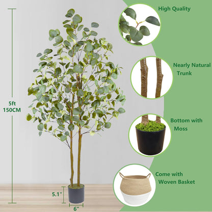 Fake Eucalyptus Tree 5ft Tall Artificial Plant with Basket