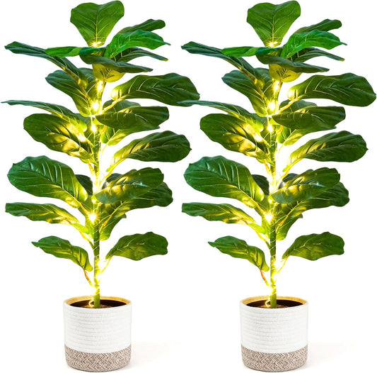 2 Pack 30" Artificial Fiddle Leaf Fig Tree, Mid-Size Realistic Plants Indoor & Outdoor Fake Plants for Apartment Home Living Room Office Decor