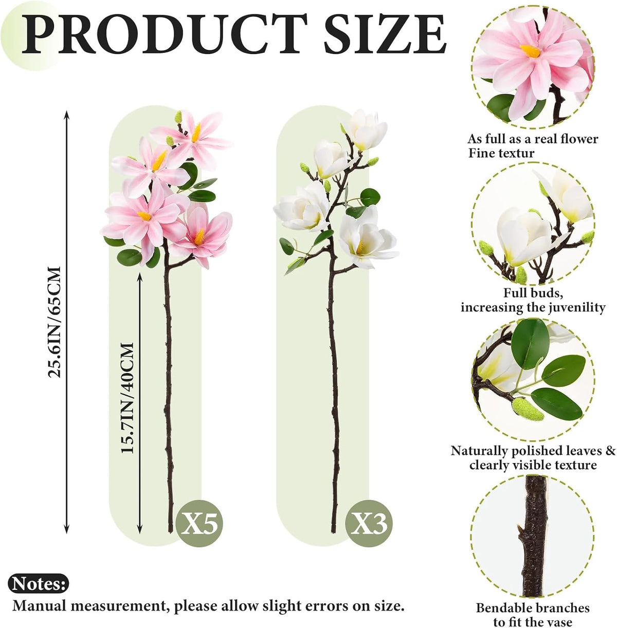 8 Pcs Artificial Magnolia Flowers Stem for Spring Decoration Faux Fake Flora Stems Beautiful Magnolia Office Hotel Home Decor Accent Pieces(No Pot)(Pink, White)