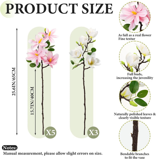 8 Pcs Artificial Magnolia Flowers Stem for Spring Decoration Faux Fake Flora Stems Beautiful Magnolia Office Hotel Home Decor Accent Pieces(No Pot)(Pink, White)