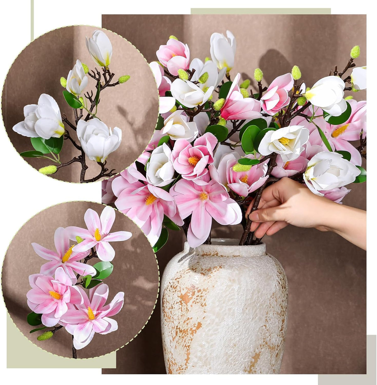8 Pcs Artificial Magnolia Flowers Stem for Spring Decoration Faux Fake Flora Stems Beautiful Magnolia Office Hotel Home Decor Accent Pieces(No Pot)(Pink, White)