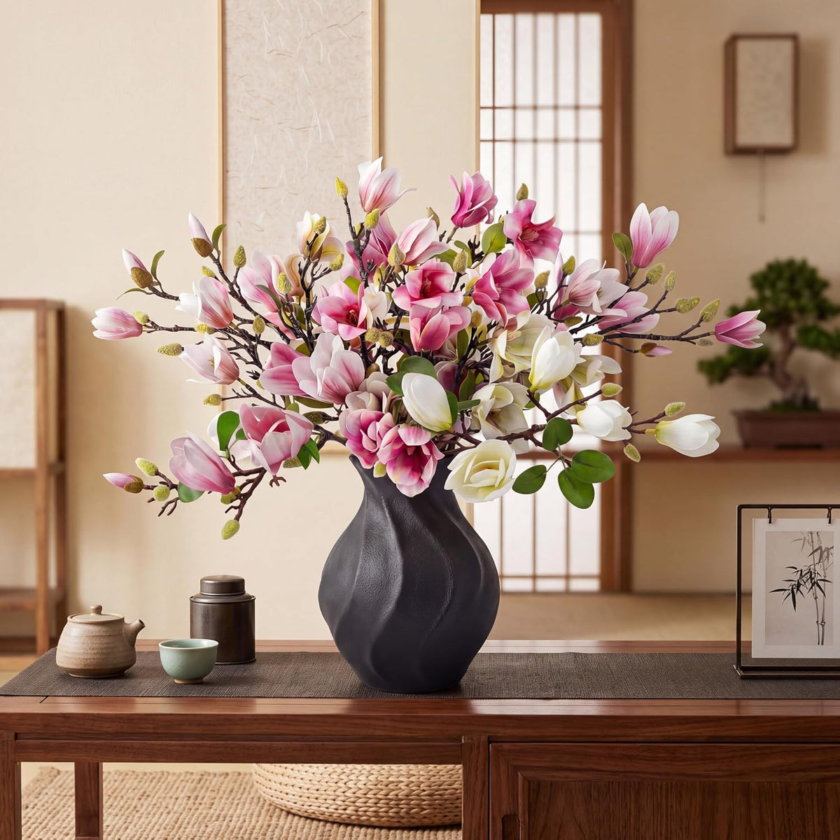 8 Pcs Artificial Magnolia Flowers Stem for Spring Decoration Faux Fake Flora Stems Beautiful Magnolia Office Hotel Home Decor Accent Pieces(No Pot)(Pink, White)
