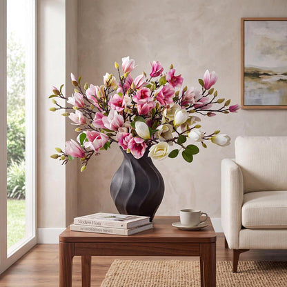 8 Pcs Artificial Magnolia Flowers Stem for Spring Decoration Faux Fake Flora Stems Beautiful Magnolia Office Hotel Home Decor Accent Pieces(No Pot)(Pink, White)
