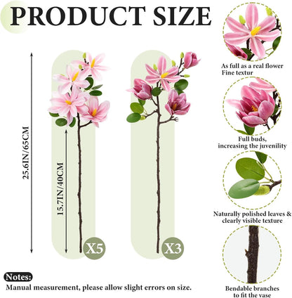 8 Pcs Artificial Magnolia Flowers Stem for Spring Decoration Faux Fake Flora Stems Beautiful Magnolia Office Hotel Home Decor Accent Pieces(No Pot)(Pink, White)