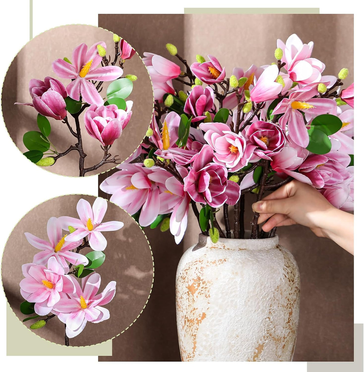 8 Pcs Artificial Magnolia Flowers Stem for Spring Decoration Faux Fake Flora Stems Beautiful Magnolia Office Hotel Home Decor Accent Pieces(No Pot)(Pink, White)