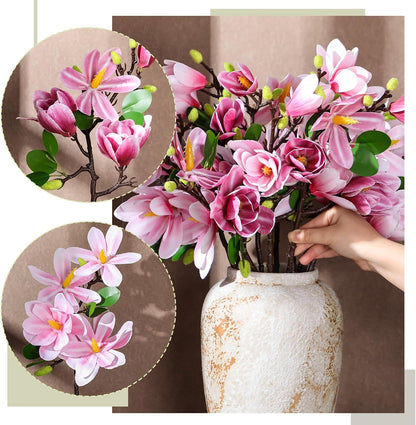 8 Pcs Artificial Magnolia Flowers Stem for Spring Decoration Faux Fake Flora Stems Beautiful Magnolia Office Hotel Home Decor Accent Pieces(No Pot)(Pink, White)