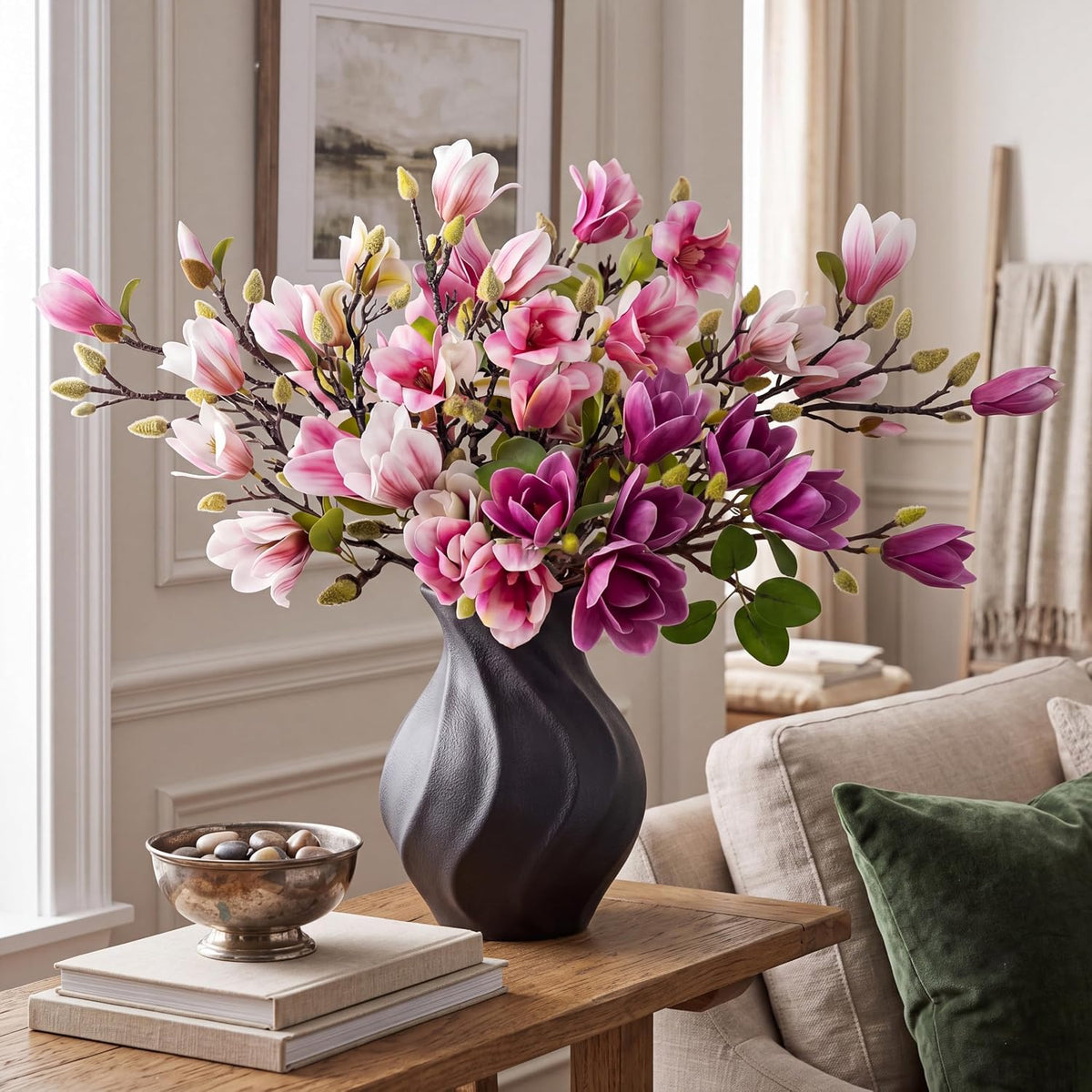 8 Pcs Artificial Magnolia Flowers Stem for Spring Decoration Faux Fake Flora Stems Beautiful Magnolia Office Hotel Home Decor Accent Pieces(No Pot)(Pink, White)