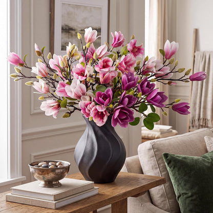8 Pcs Artificial Magnolia Flowers Stem for Spring Decoration Faux Fake Flora Stems Beautiful Magnolia Office Hotel Home Decor Accent Pieces(No Pot)(Pink, White)