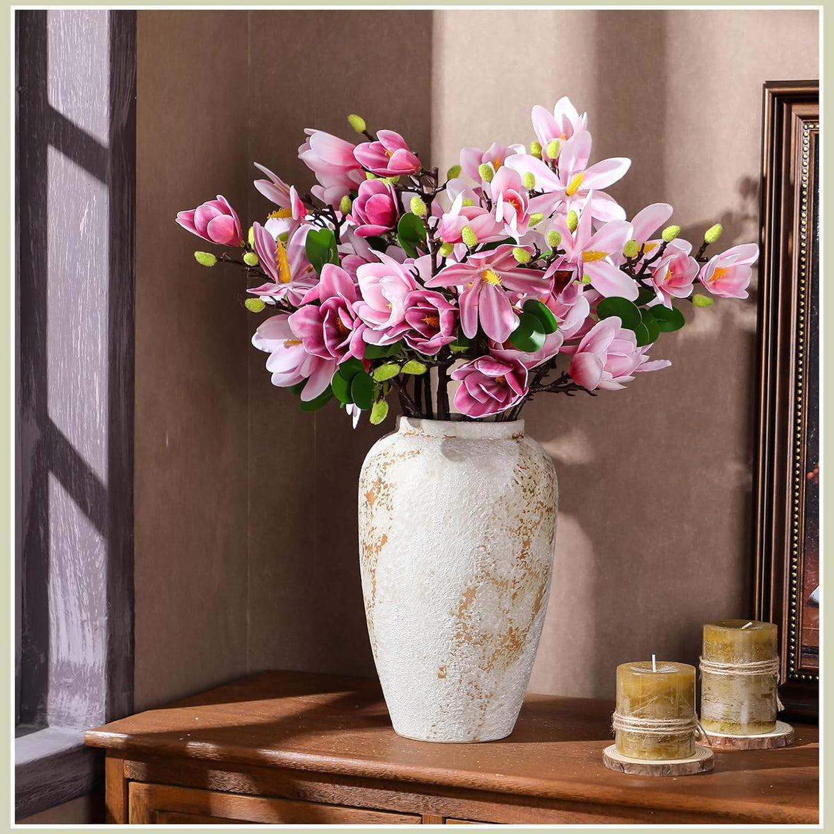 8 Pcs Artificial Magnolia Flowers Stem for Spring Decoration Faux Fake Flora Stems Beautiful Magnolia Office Hotel Home Decor Accent Pieces(No Pot)(Pink, White)