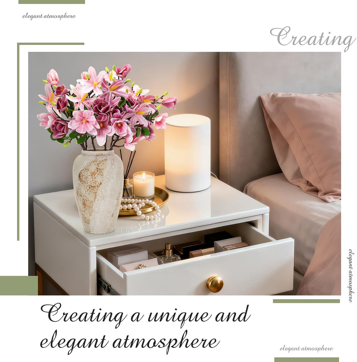 8 Pcs Artificial Magnolia Flowers Stem for Spring Decoration Faux Fake Flora Stems Beautiful Magnolia Office Hotel Home Decor Accent Pieces(No Pot)(Pink, White)