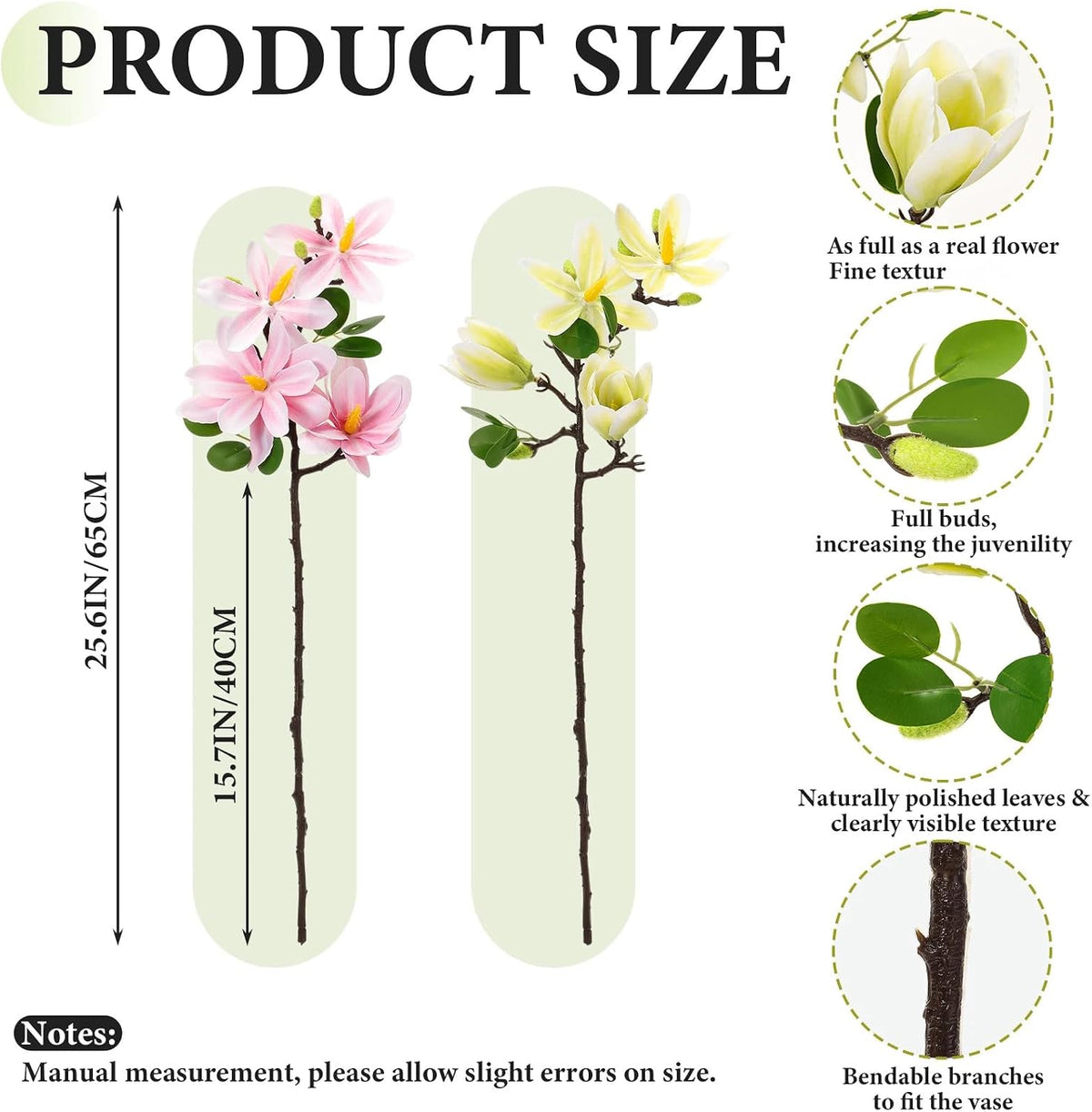 8 Pcs Artificial Magnolia Flowers Stem for Spring Decoration Faux Fake Flora Stems Beautiful Magnolia Office Hotel Home Decor Accent Pieces(No Pot)(Pink, White)