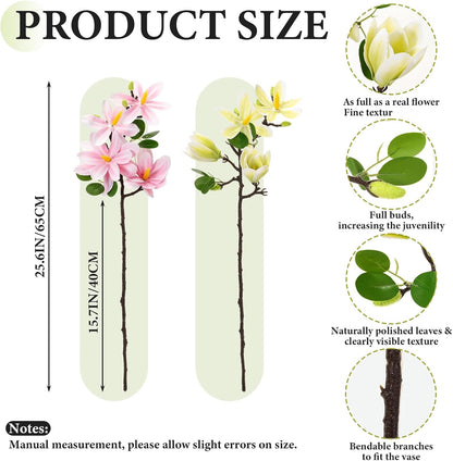 8 Pcs Artificial Magnolia Flowers Stem for Spring Decoration Faux Fake Flora Stems Beautiful Magnolia Office Hotel Home Decor Accent Pieces(No Pot)(Pink, White)