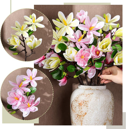 8 Pcs Artificial Magnolia Flowers Stem for Spring Decoration Faux Fake Flora Stems Beautiful Magnolia Office Hotel Home Decor Accent Pieces(No Pot)(Pink, White)