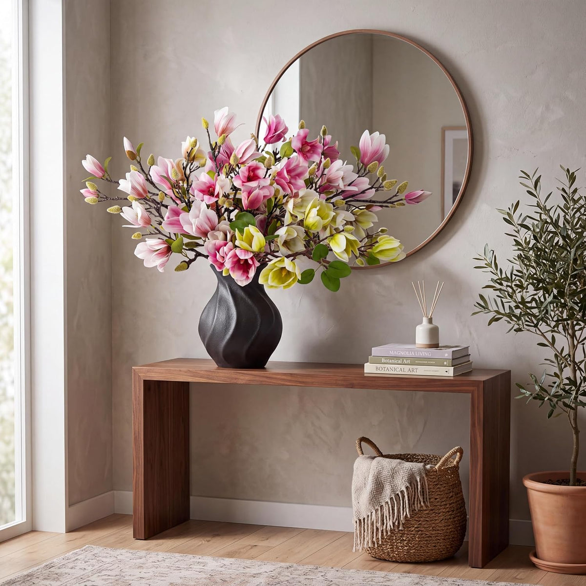 8 Pcs Artificial Magnolia Flowers Stem for Spring Decoration Faux Fake Flora Stems Beautiful Magnolia Office Hotel Home Decor Accent Pieces(No Pot)(Pink, White)