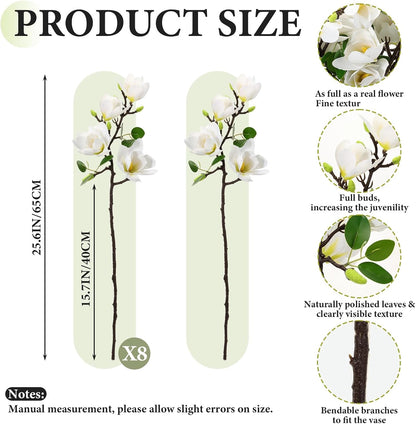 8 Pcs Artificial Magnolia Flowers Stem for Spring Decoration Faux Fake Flora Stems Beautiful Magnolia Office Hotel Home Decor Accent Pieces(No Pot)(Pink, White)