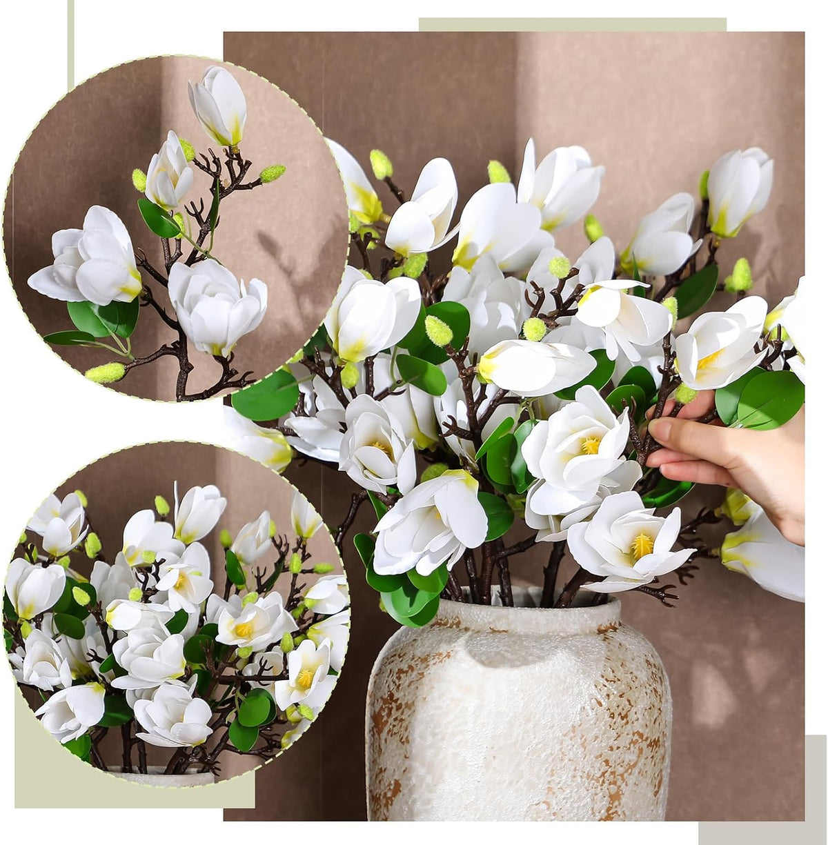 8 Pcs Artificial Magnolia Flowers Stem for Spring Decoration Faux Fake Flora Stems Beautiful Magnolia Office Hotel Home Decor Accent Pieces(No Pot)(Pink, White)