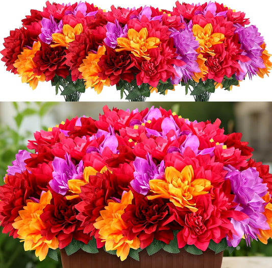 6pcs Spring Flora Dahlia Artificial Flowers for Outside 42 Heads Silk Dahlias Outdoor Indoor Decorations for DIY Bouquets Centerpiece Garden Window Box, Mixed color(Red, Rose Red, Purple, Orange)