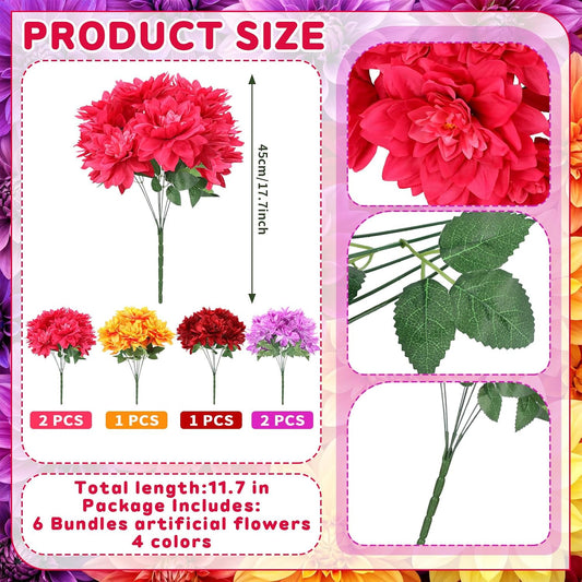 6pcs Spring Flora Dahlia Artificial Flowers for Outside 42 Heads Silk Dahlias Outdoor Indoor Decorations for DIY Bouquets Centerpiece Garden Window Box, Mixed color(Red, Rose Red, Purple, Orange)