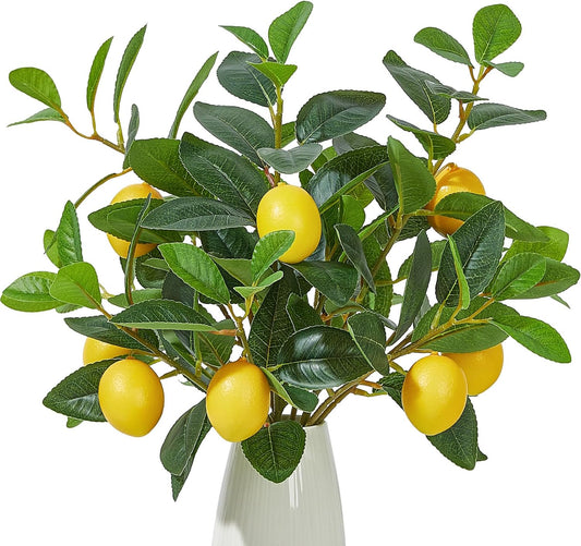 3 Pcs Artificial Lemons Tree Branches - Faux Greenery Stems Realistic Lemon Branch with Lifelike Leaves Fake Lemon Plant for Home, Dining Table, Kitchen Decor 18 Inch