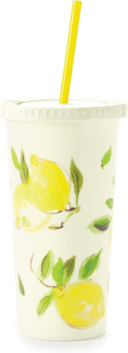Insulated Tumbler with Reusable Straw, 20 Ounce Travel Cup with Lid, Lemons | Insulated Plastic Cup with Reusable Straw, Fruit Design, Cupholder Friendly, Travel Tumbler with Screw on Lid