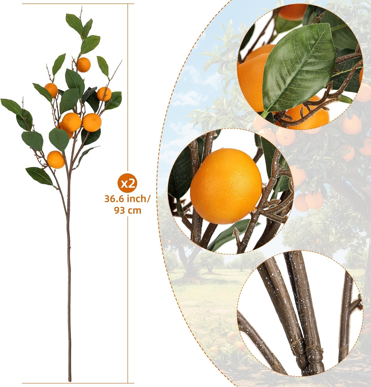 4PCS 26.8Inch Artificial Tangerine Branches Artificial Orange Branch Fake Orange Stem 16 Fruit for Home Wedding Office Party Thanksgiving Hotel Table Centerpiece Indoor Outdoor Decor