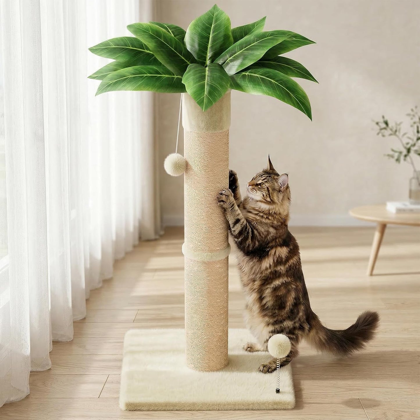XiaZ Cat Scratching Post 34'' Tall, Durable Cat Scratch Tree Tower for Indoor Kitty with Extra Wide 15.8" Stable Base & 2 Toy Balls, Natural Sisal & Plush Fabric for Small, Medium Cats (Green, 2.8in)