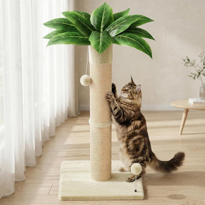 XiaZ Cat Scratching Post 34'' Tall, Durable Cat Scratch Tree Tower for Indoor Kitty with Extra Wide 15.8" Stable Base & 2 Toy Balls, Natural Sisal & Plush Fabric for Small, Medium Cats (Green, 2.8in)