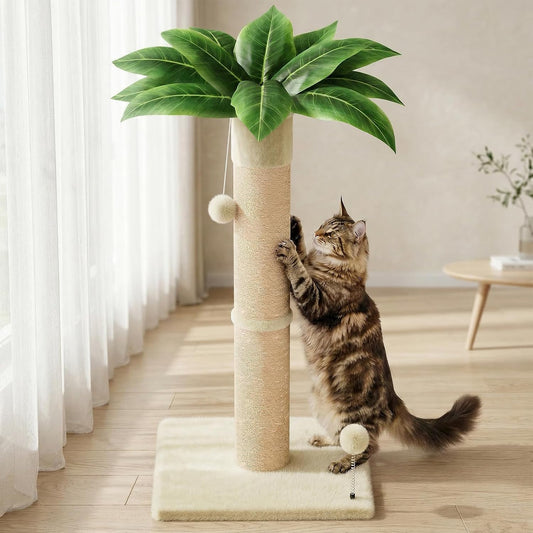 XiaZ Cat Scratching Post 34'' Tall, Durable Cat Scratch Tree Tower for Indoor Kitty with Extra Wide 15.8" Stable Base & 2 Toy Balls, Natural Sisal & Plush Fabric for Small, Medium Cats (Green, 2.8in)