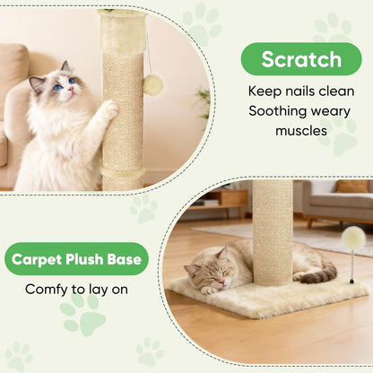 XiaZ Cat Scratching Post 34'' Tall, Durable Cat Scratch Tree Tower for Indoor Kitty with Extra Wide 15.8" Stable Base & 2 Toy Balls, Natural Sisal & Plush Fabric for Small, Medium Cats (Green, 2.8in)