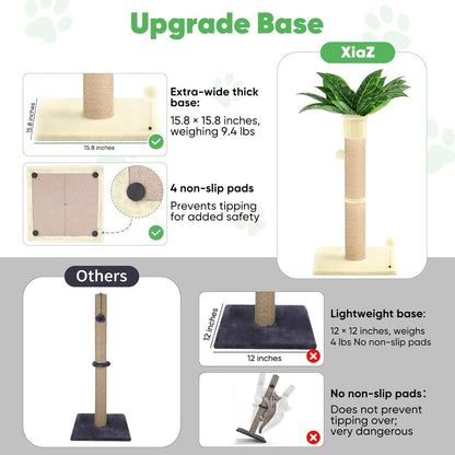 XiaZ Cat Scratching Post 34'' Tall, Durable Cat Scratch Tree Tower for Indoor Kitty with Extra Wide 15.8" Stable Base & 2 Toy Balls, Natural Sisal & Plush Fabric for Small, Medium Cats (Green, 2.8in)