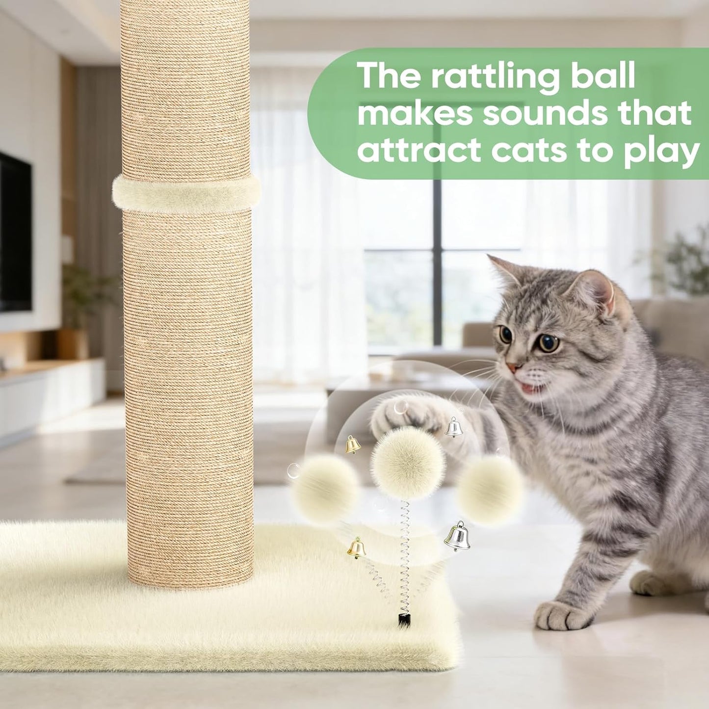 XiaZ Cat Scratching Post 34'' Tall, Durable Cat Scratch Tree Tower for Indoor Kitty with Extra Wide 15.8" Stable Base & 2 Toy Balls, Natural Sisal & Plush Fabric for Small, Medium Cats (Green, 2.8in)