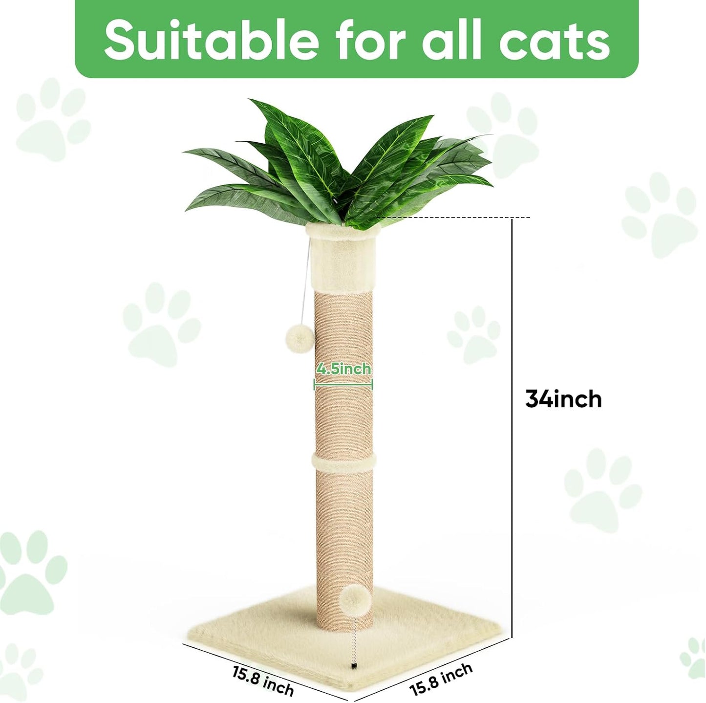XiaZ Cat Scratching Post 34'' Tall, Durable Cat Scratch Tree Tower for Indoor Kitty with Extra Wide 15.8" Stable Base & 2 Toy Balls, Natural Sisal & Plush Fabric for Small, Medium Cats (Green, 2.8in)
